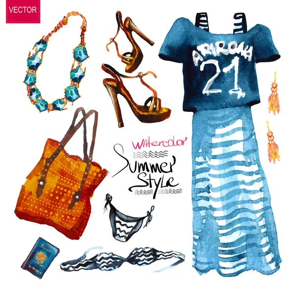 Conjunto de look de moda, acuarela — Vector de stock