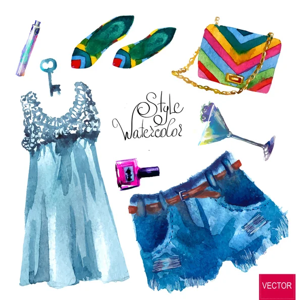 Conjunto de look de moda, acuarela — Vector de stock