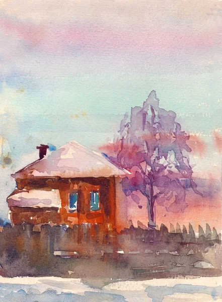 Cenário. Paisagem rural aquarela com ilustração da casa — Fotografia de Stock