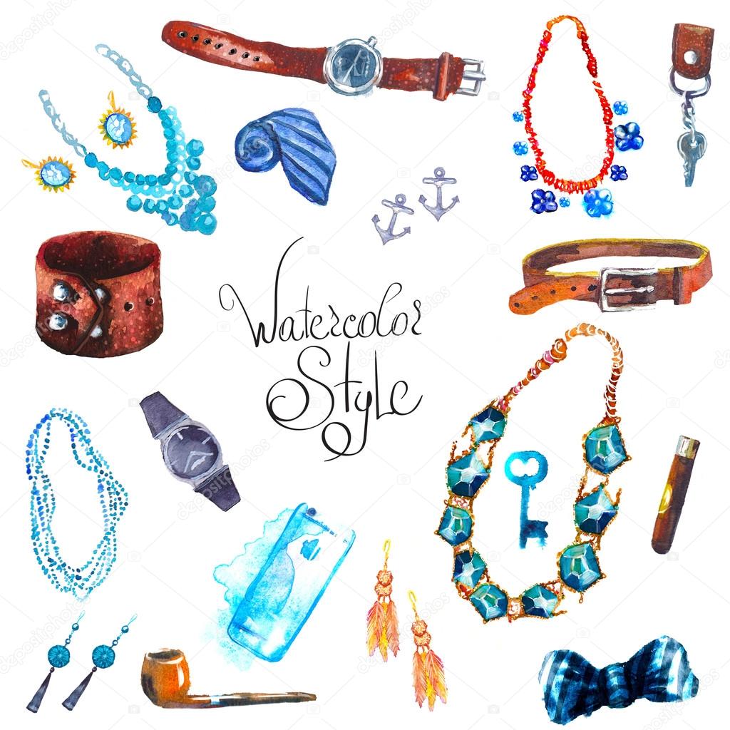 Watercolor illustration Set Accessories — Stock Photo © design.anya