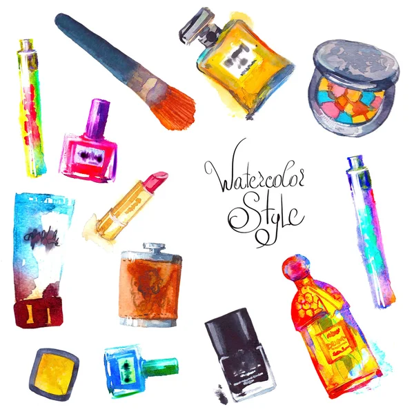 Aquarela cosméticos e perfumes — Vetor de Stock