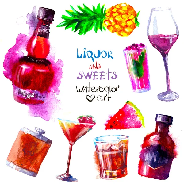 Alcohol en snoep. Aquarel — Stockvector