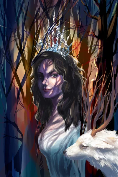 Illustration mystical forest with a goat and the Snow Queen — Stock Photo, Image