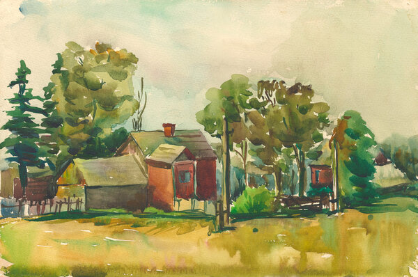 акварельный пейзаж старой русской деревни прошлого века
