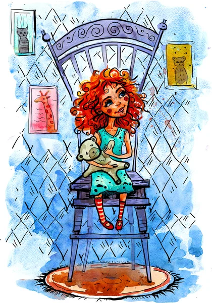 Une fille avec un ours sur une chaise. aquarelle Illustration — Photo