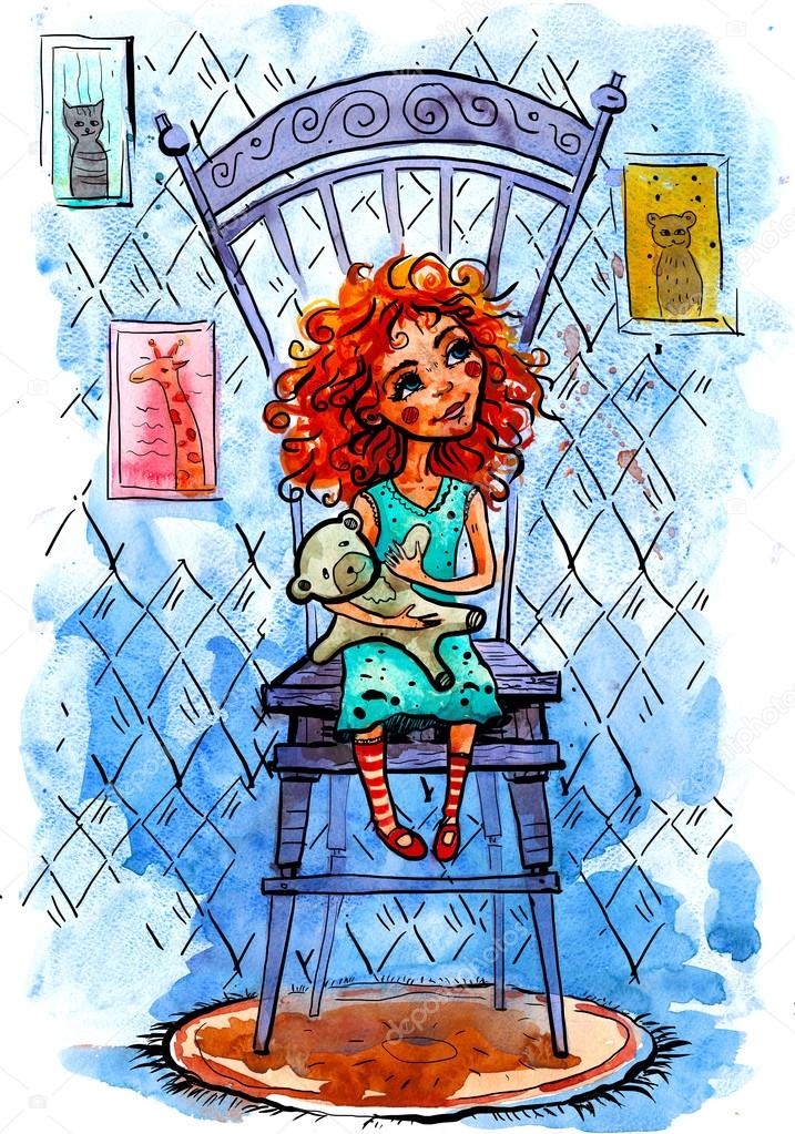 Girl with a bear on a chair.  watercolor Illustration