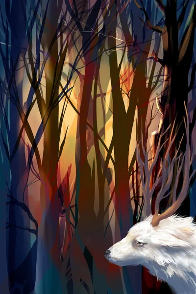 Illustration mystical forest with a goat — Stock Photo, Image