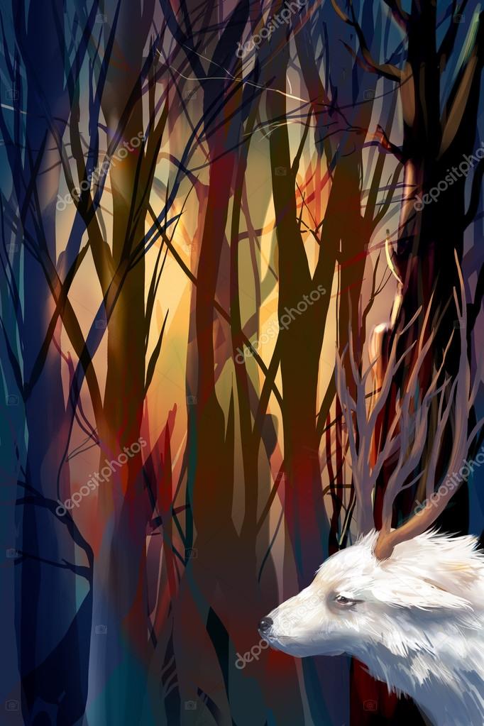 Mystic forest with  blueish atmosphere. fairytale. for design of cards, packaging, invitations and prints