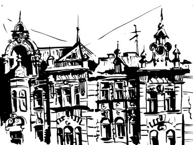 mimarisi. Mürekkeple çizilmiş eski ev.