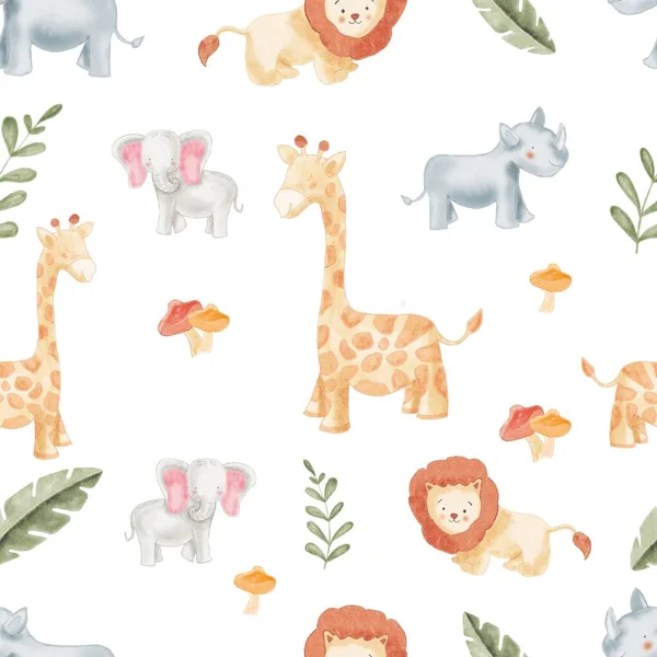 Motif Sans Couture Aquarelle Pour Bébé Baby Shower Gerafe Lion — Image vectorielle