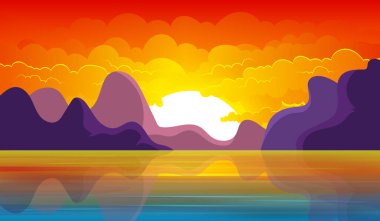 Günbatımı deniz manzarası arka plan vektör tasarımı illüstrasyonu