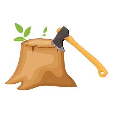 Beyaz arkaplanda izole edilmiş kütük vektör tasarımı illüstrasyonundaki balta