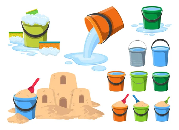 Su ve kum kümesi vektör tasarımı resimli kova. Kova, su, kum, oyuncak, çocuk, ev eşyaları. Vektör Clipart Yazdır