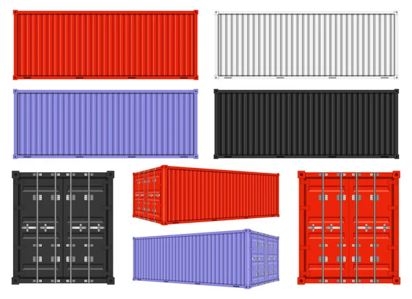 Vrachtcontainers Met Verschillende Weergaven Geïsoleerd Witte Achtergrond — Stockvector