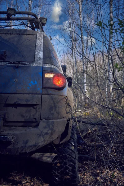 Podróż off-road po leśnej drodze niebieskim samochodem 4x4. — Zdjęcie stockowe