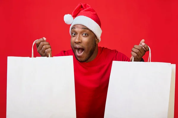 Portrait African American Man His Mouth Open Delight Santa Hat — Stock Photo, Image