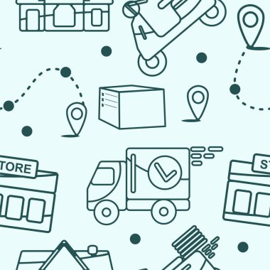 Çevrimiçi dağıtım hizmeti, online sipariş izleme, ev ve ofis teslimatı. Bir kamyon, scooter, maskeli bir kurye. Vektör illüstrasyonu