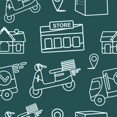 Çevrimiçi dağıtım hizmeti, online sipariş izleme, ev ve ofis teslimatı. Bir kamyon, scooter, maskeli bir kurye. Vektör illüstrasyonu