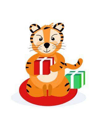 Neşeli çizgili bir kaplan 2022 'nin sembolü olan yeni yıl hediyelerini açar. Vektör illüstrasyonu elle çizilmiş beyaz bir arkaplanda izole edildi. Çocuk tişörtleri, kartpostallar, posterler, çıkartmalar basmak için..