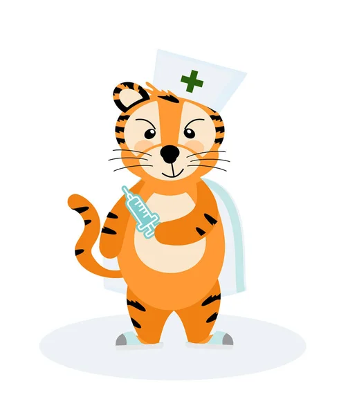 Joyeux Médecin Tigre Rayé Uniforme Médical Avec Tir Vaccin Symbole — Image vectorielle