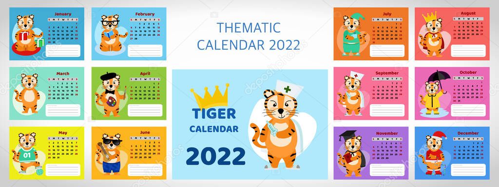 Colorful calendar design template for the year 2022, the year of the Tiger in the Eastern calendar. Set of 12 pages and cover with doctor tiger. Vector illustration.