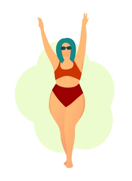 Chica Gordita Feliz Traje Baño Rojo Cuerpo Positivo Encanta Cuerpo — Vector de stock