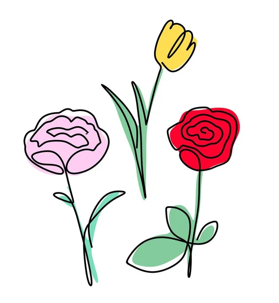 Ilustracja wektora rysunek z jednej linii. Zestaw kwiatów róża, piwonia, tulipan. Może być używany do druku, pocztówek, plakatów i projektowania stron internetowych. — Wektor stockowy