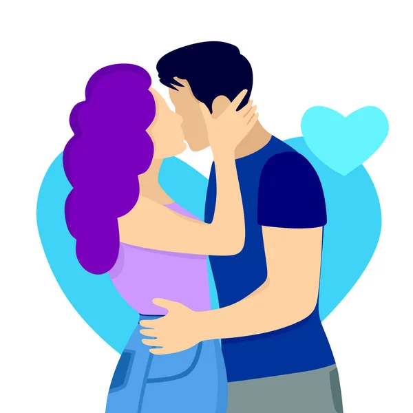 Pocałunek młodej dziewczyny i młodego mężczyzny. Ilustracja wektora na Światowy Dzień Pocałunku. Do stron internetowych, aplikacji i plakatów. — Wektor stockowy