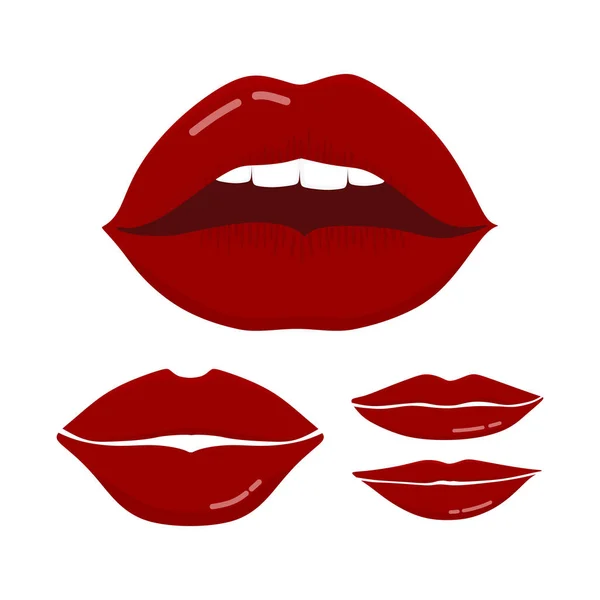 Zestaw czerwonych ust o różnych kształtach w płaskim stylu. Do stron internetowych, szkiców, aplikacji, T-shirtów, kubków i drukowania. — Wektor stockowy
