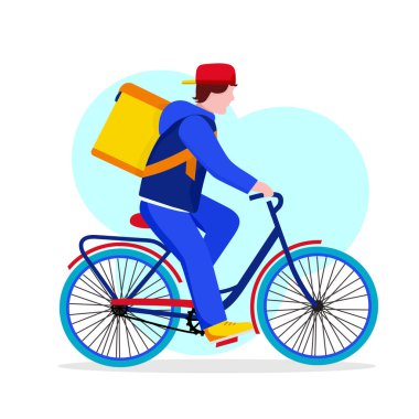 Sırt çantalı bisikletli bir erkek kurye yiyecek getiriyor. Çevrimiçi sipariş ev teslimat servisi. Web siteleri, mobil uygulamalar, afişler ve posterler için.