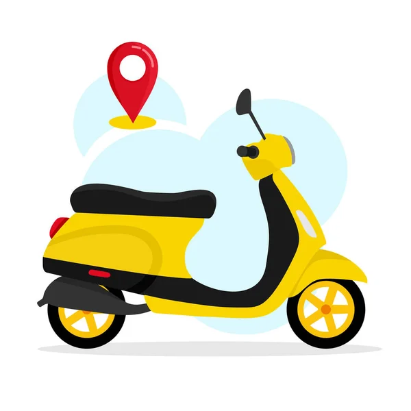 Gele scooter met een geotag. Online bestelling thuis bezorgservice. Vector illustratie voor websites, mobiele apps, banners en posters. — Stockvector