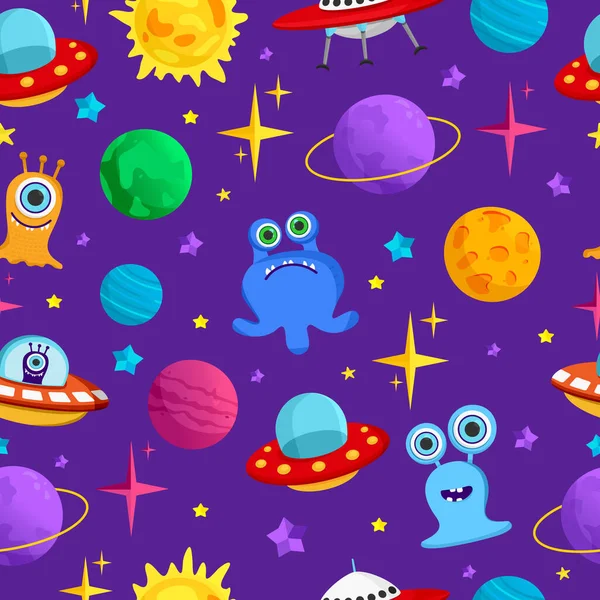 Gezegenler, UFO 'lar ve uzaylılarla uzay temalı sonsuz bir desen. Broşürler, posterler, web siteleri, uygulamalar ve çocuk tatil süslemeleri için düz stil illüstrasyon