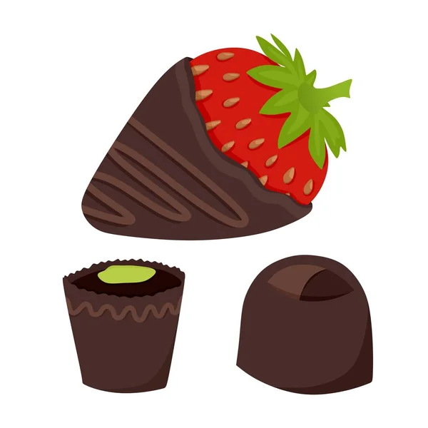 Chocolate-covered strawberries are fresh fruit dipped in thick chocolate bars. A set of chocolates. Vector illustration. Royalty Free Stock Vectors
