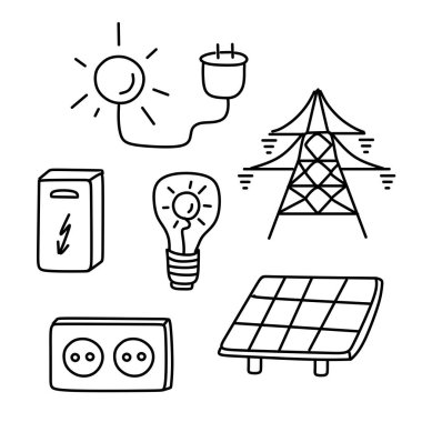Enerji tiplerinin çizimleri için bir dizi şablon, simge tasarımı. Alternatif enerji, yenilenebilir enerji kaynakları. Doodle tarzı tasarım.