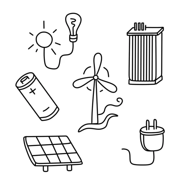 Un conjunto de plantillas para ilustraciones de tipos de energía, diseño de iconos. Energía alternativa, fuentes de energía renovables. Diseño de estilo Doodle. — Archivo Imágenes Vectoriales