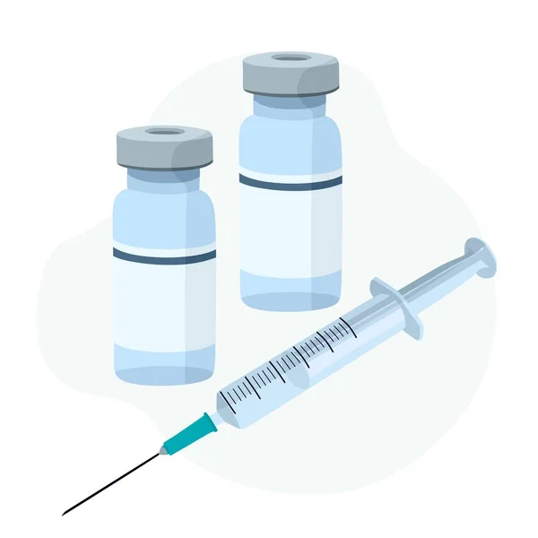 Vacinação de crianças no hospital. Ilustração vetorial de uma seringa e de uma vacina. Prevenção, tratamento de doenças, cuidados de saúde e imunização. —  Vetores de Stock