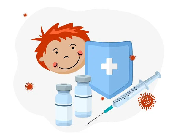 Vacinação de crianças no hospital. Ilustração vetorial de uma seringa e de uma vacina. Prevenção, tratamento de doenças, cuidados de saúde e imunização. —  Vetores de Stock