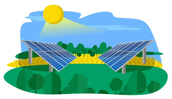 Sahaya güneş panelleri kurulmuş yenilenebilir enerji kaynakları. Alternatif temiz enerji kavramı. Vektör düz resimleme.