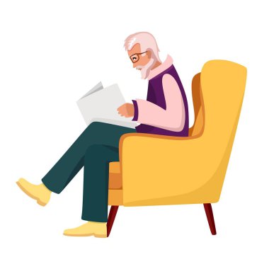 Yaşlı bir erkek dede sandalyede otururken gazete okur. Yaşlı insanlar çizgi film karakterleridir. Yaşlılık. Beyaz arkaplanda izole edilmiş düz bir biçimin vektör illüstrasyonu
