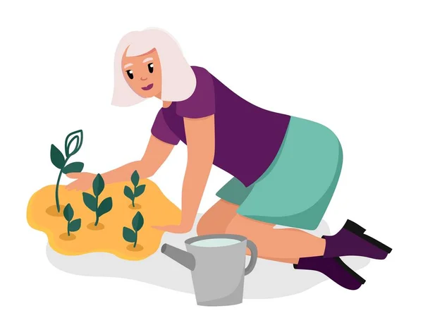 Starší žena, babička, vysázela rostliny na zahradě. Starší lidé jsou kreslené postavičky. Stáří. Vektorová ilustrace plochého stylu, izolované na bílém pozadí — Stockový vektor