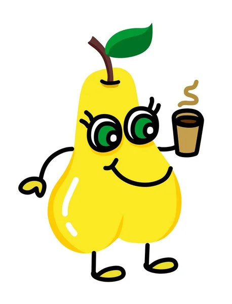 Dibujos animados lindo tipo ilustración amarilla de una pera con hermosos ojos con una taza de café caliente. Para un conjunto de pegatinas, eventos infantiles, recreación, ocio. — Vector de stock