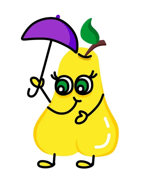 Tecknad söt typ gul illustration av ett päron med vackra ögon står under ett paraply. För en uppsättning klistermärken, barnevenemang, rekreation, fritid. — Stock vektor