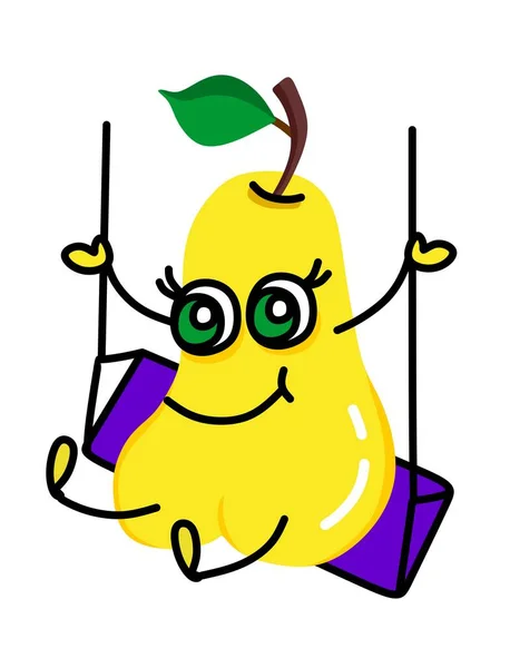 Cartoon cute jenis ilustrasi kuning dari buah pir dengan mata indah berayun di ayunan. Untuk satu set stiker, acara anak-anak, rekreasi, rekreasi. - Stok Vektor