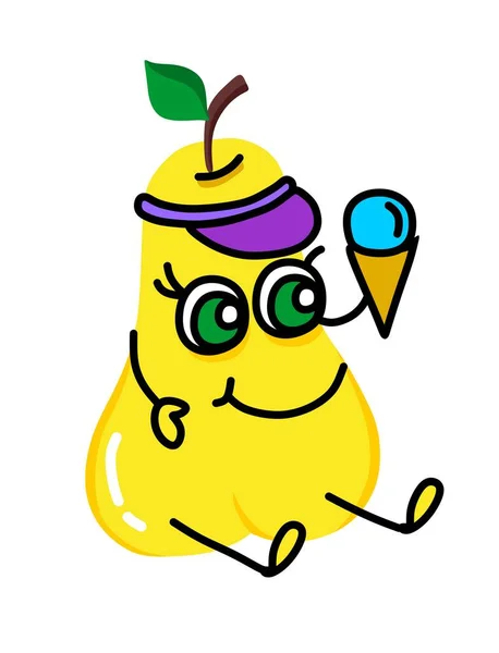 Tegneserie, søt, gul illustrasjon av en pære med vakre øyne som spiser is. For et sett klistremerker, barnslige arrangementer, rekreasjon, fritid. – stockvektor