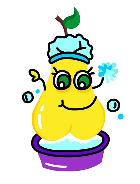 Cartoon niedliche freundliche gelbe Illustration einer Birne mit schönen Augen, die sich in einem Becken wäscht. Für Aufkleber, Kinderveranstaltungen, Freizeit, Freizeit. — Stockvektor
