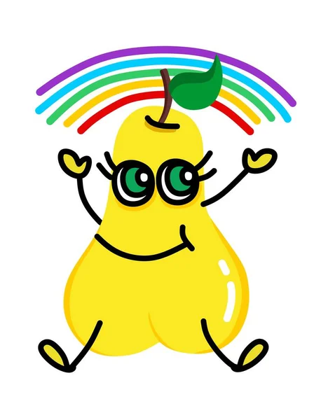 Dibujos animados lindo tipo ilustración amarilla de una pera con hermosos ojos se regocija en un arco iris. Para un conjunto de pegatinas, eventos infantiles, recreación, ocio. — Vector de stock