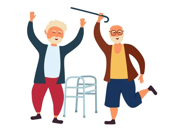 Abuelos ancianos bailan tirando un bastón y un andador. El hombre mayor se divierte. Ilustración vectorial aislada sobre fondo blanco. — Archivo Imágenes Vectoriales