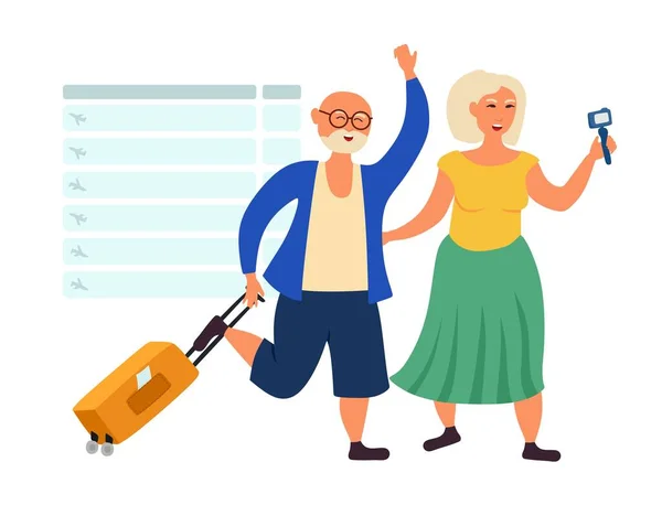 I nonni anziani viaggiano e blog. Pensionati all'aeroporto. Illustrazione vettoriale isolata su sfondo bianco. — Vettoriale Stock