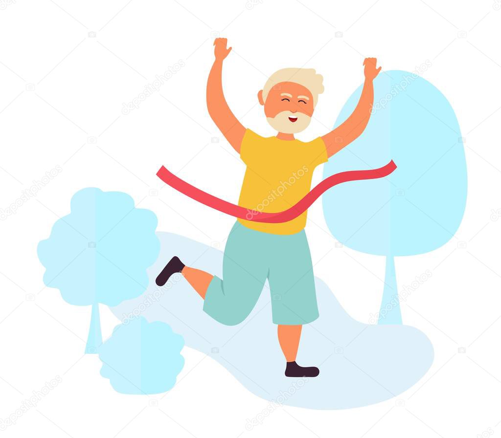 Old people grandpa runs a marathon and finishes with a red ribbon. Pensioners are athletic. Vector illustration isolated on a white background.