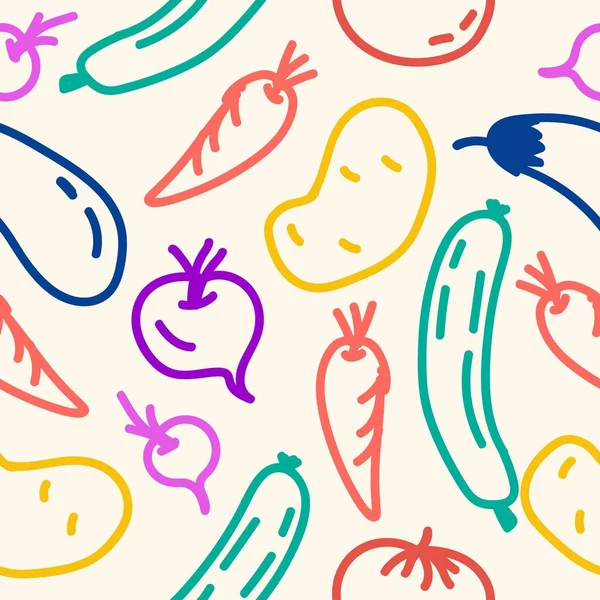 Εικονογράφηση διάνυσμα ενός αδιάλειπτη μοτίβο των λαχανικών των διαφόρων χρωμάτων στο στυλ doodle σε ένα μπεζ φόντο — Διανυσματικό Αρχείο